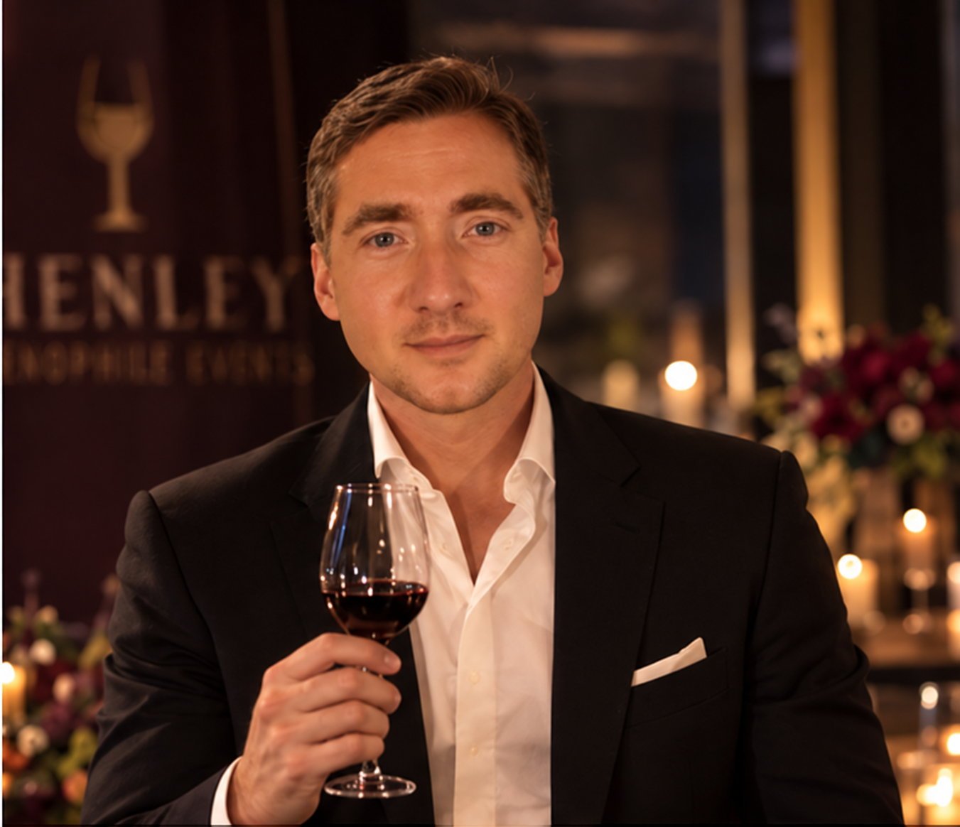 Henley host holding a glass of red wine in a professional hospitality setting