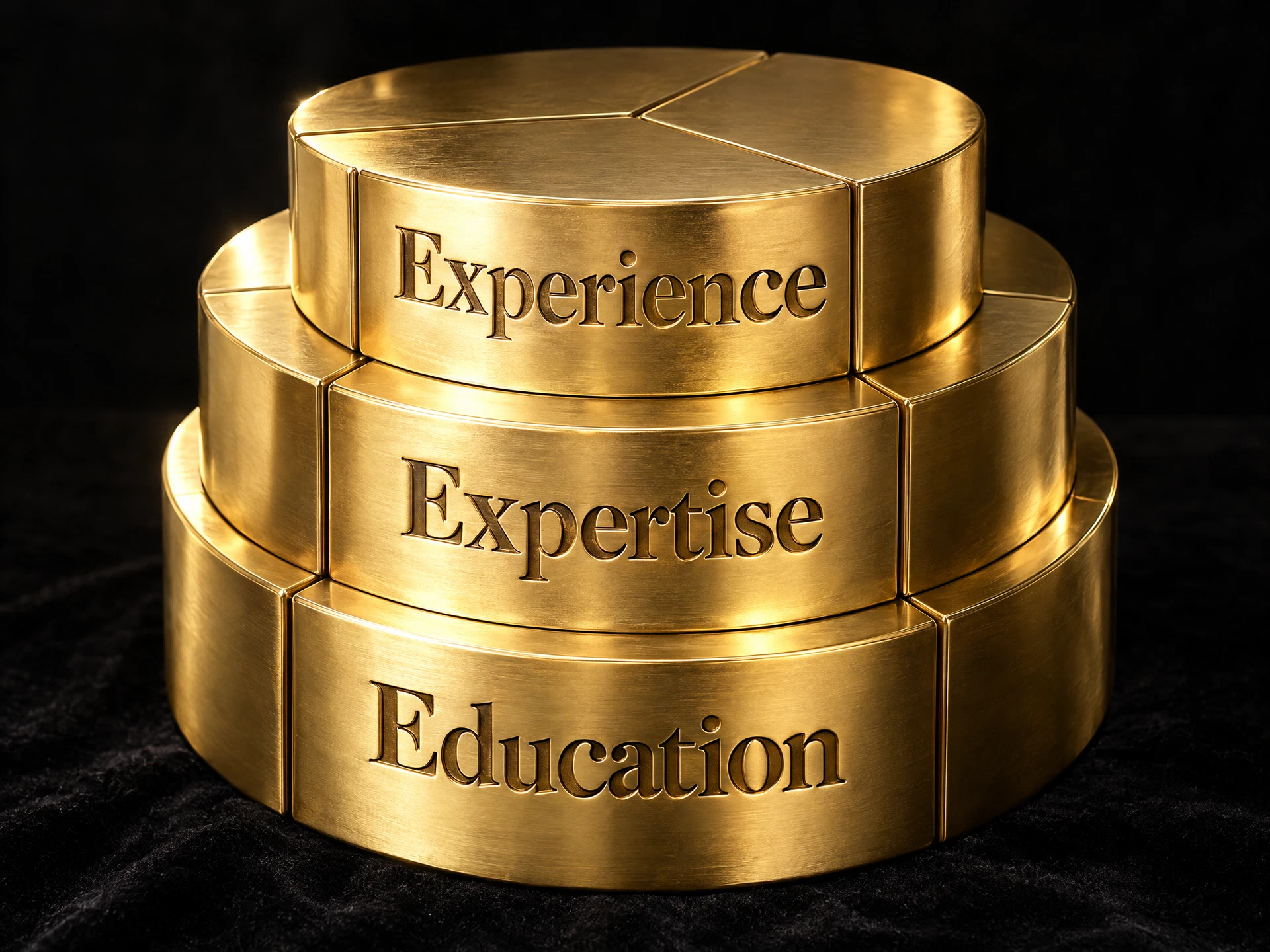 A connected three-layer cylindrical gold pie sculpture engraved Experience, Expertise and Education