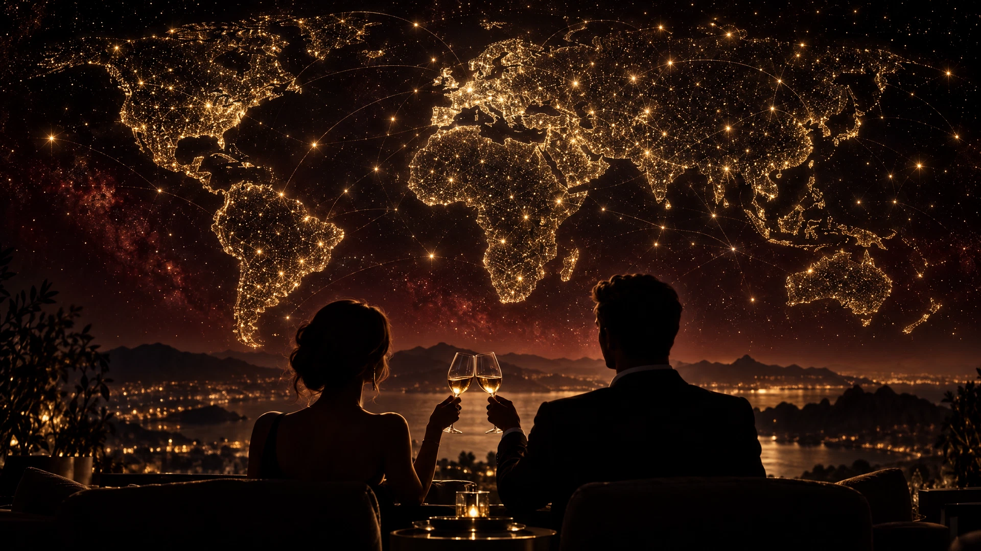 Two wine friends in silhouette beneath a world landscape made of golden star-points