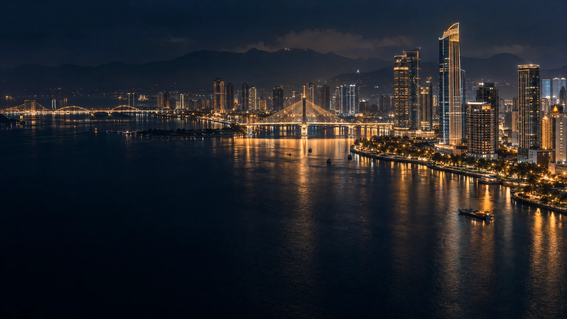 A luminous Asian riverside cityscape at night with golden reflections on the water